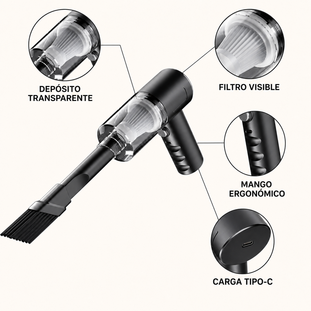 Aspiradora de Mano Inalámbrica 120W – Portátil 3 en 1 con 3 Boquillas