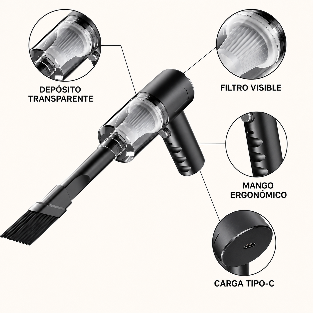 Aspiradora de Mano Inalámbrica 120W – Portátil 3 en 1 con 3 Boquillas