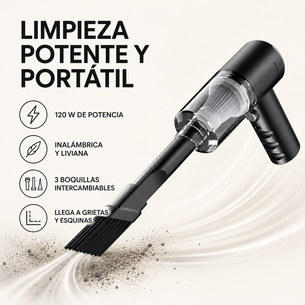 Aspiradora de Mano Inalámbrica 120W – Portátil 3 en 1 con 3 Boquillas