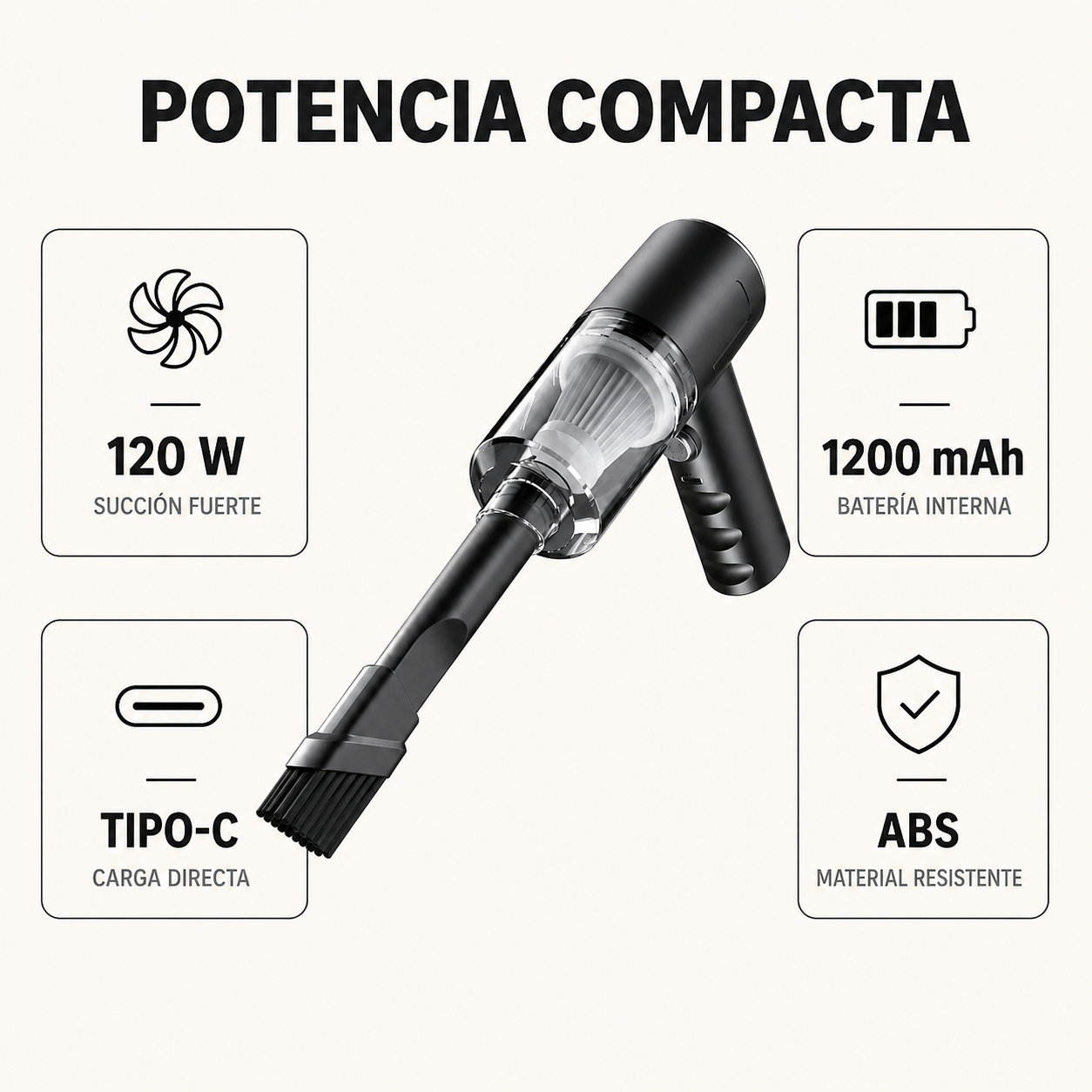 Aspiradora de Mano Inalámbrica 120W – Portátil 3 en 1 con 3 Boquillas