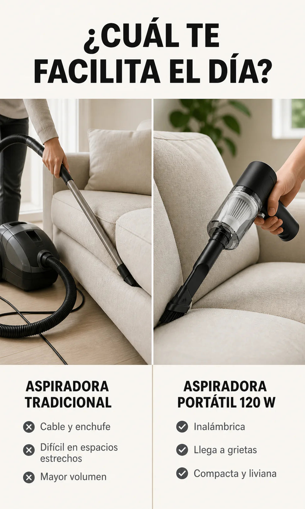 Aspiradora de Mano Inalámbrica 120W – Portátil 3 en 1 con 3 Boquillas